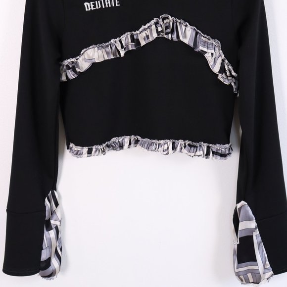 Black Ruffled Mock Neck Crop Top with Embroidery - SMALL - Picture 4 of 5